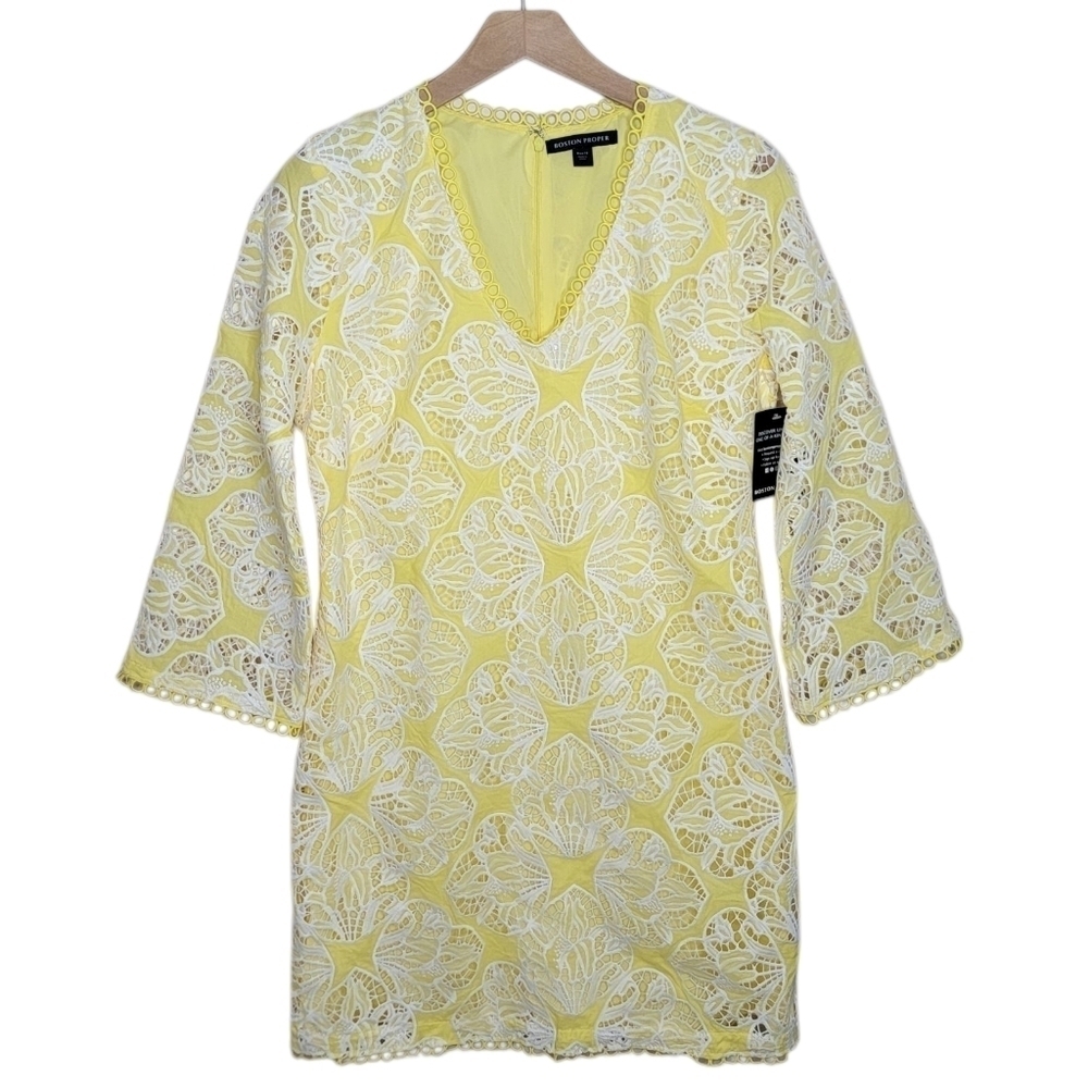 NWT Boston Proper Yellow White Lace 3/4 Sleeve VNeck Dress Scallop Edge Size 12